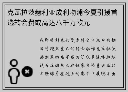 克瓦拉茨赫利亚成利物浦今夏引援首选转会费或高达八千万欧元
