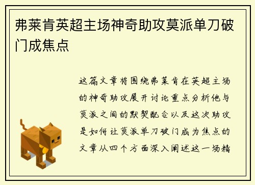 弗莱肯英超主场神奇助攻莫派单刀破门成焦点