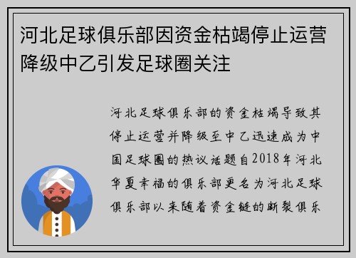 河北足球俱乐部因资金枯竭停止运营降级中乙引发足球圈关注
