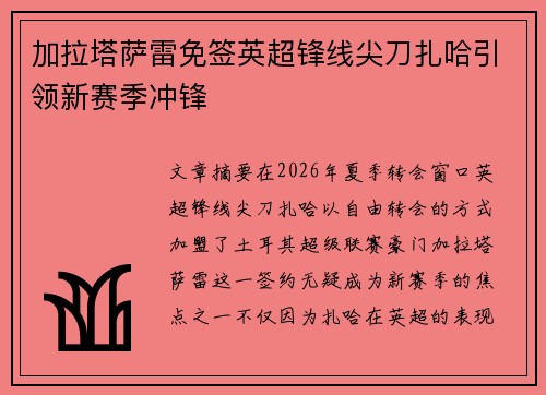 加拉塔萨雷免签英超锋线尖刀扎哈引领新赛季冲锋 加拉塔萨雷免签英超锋线尖刀扎哈引领新赛季冲锋